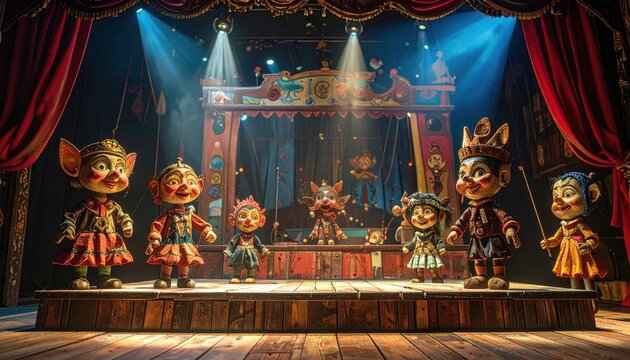 A vibrant collection of intricately carved wooden puppets with painted faces, performing on a brightly lit theater stage.