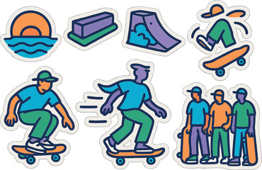 Colorful urban skateboarding stickers with skaters and ramps
