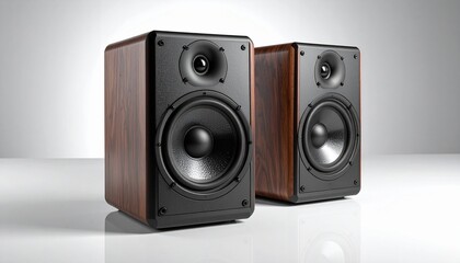 Obraz premium Premium Stereo Speakers with Wood Grain Finish for Home Audio Listening Experience.