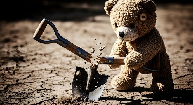 Teddy Bear's Struggle: Broken Shovel on Cracked Earth