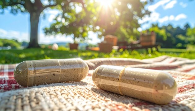 Biodegradable Nutrient Capsules for Rapid Assimilation Resting on Fabric Outdoors in Sunlight