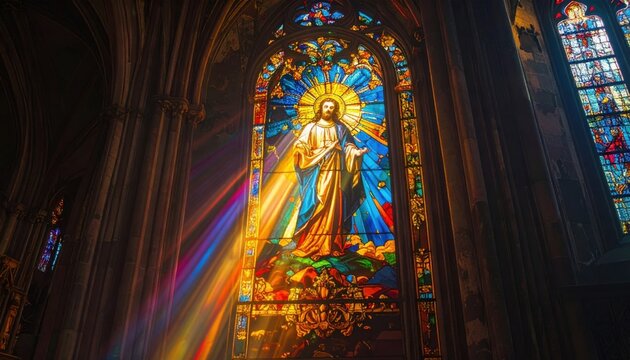Baroque Style Stained Glass Panel Depicting Jesus Radiating Divine Light in Church
