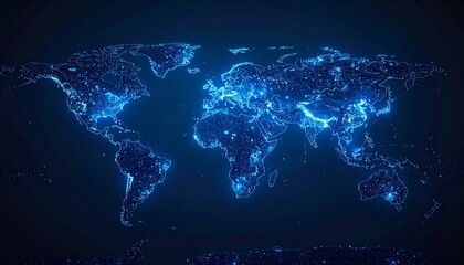 Global Connectivity Illustration World Map with Blue Light Highlighting Cities & Regions.