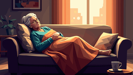 Obraz premium Cozy afternoon: elderly woman relaxing on couch with warm blanket in sunlit room