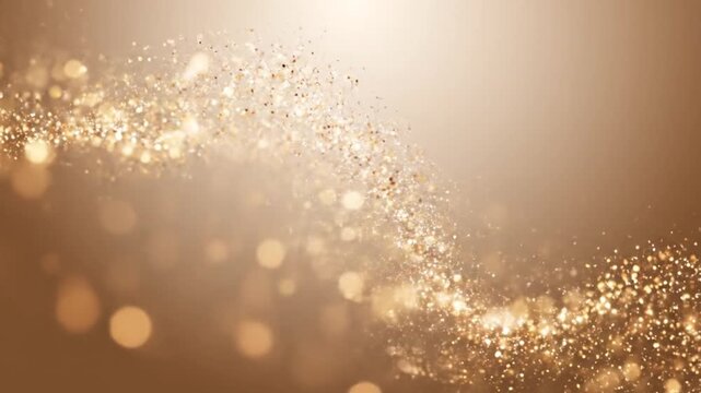 Golden glittering particles shimmering in a bright warm light on a brown background with golden bokeh