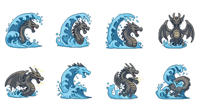 Pixel art dragons emerging from ocean waves: mythical creatures in motion