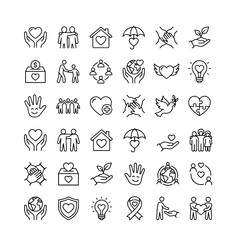 Fototapeta premium Charity, donation, volunteering, and community support line icon set. Vector symbols of care, empathy, teamwork, and protection.