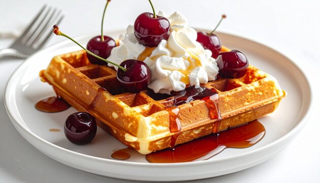 Delicious Waffle with Whipped Cream Cherries and Syrup on White Plate Ready to Eat Close Up Shot.