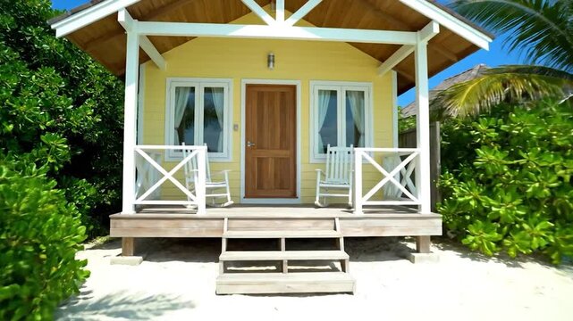 Charming yellow beach bungalow nestled amongst palm trees and lush greenery on a pristine white sand beach with turquoise ocean waters under a clear blue sky.