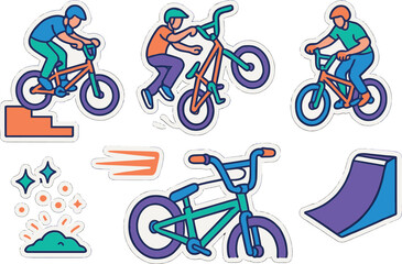 Naklejka premium Colorful bmx stickers featuring cyclists and ramps in playful cartoon style