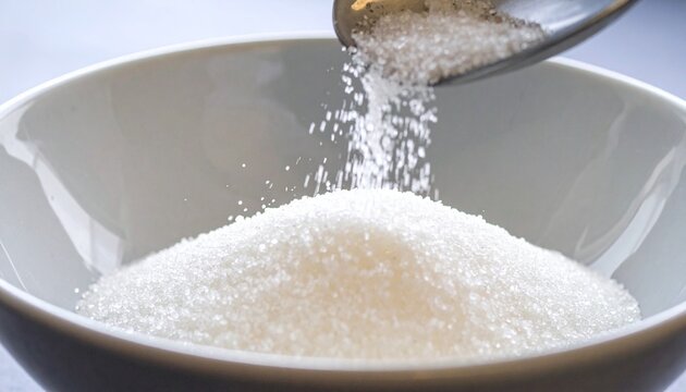 Sugar Pile in White Bowl with Spoon for Concepts like Diet Diabetes and Health Issues.