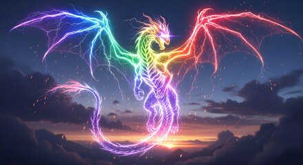 Fototapeta premium Majestic Rainbow Lightning Dragon Soaring Through Clouds at Sunset