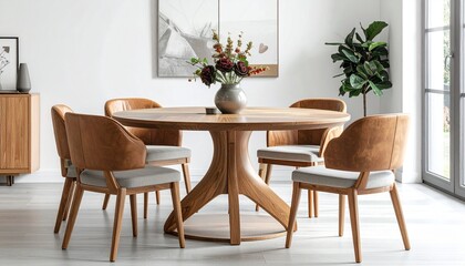 Fototapeta premium Modern Dining Room with Round Wooden Table and Stylish Chairs for Family Gatherings and Elegant Home Decor.