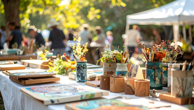 Outdoor arts & crafts fair with tables of paintings, brushes, flowers, wood, and people blurred in the sunny background