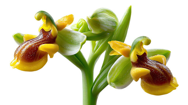 Bee Orchid's Elegance: Close-up of exquisite bee orchid blooms in full detail, showcasing their unique floral structure and vibrant colors.