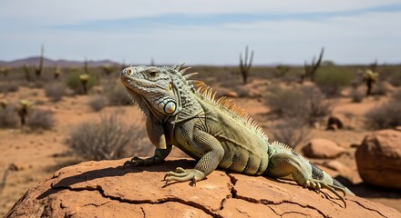 A green iguana rests on a rock in a dry, desert landscape.