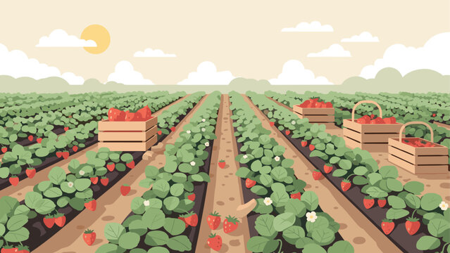 Strawberry field harvest under a bright sun with lush green plants and wooden baskets