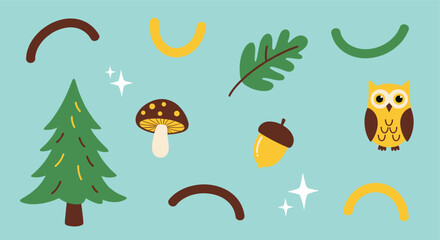 Fototapeta premium Whimsical Forest Elements Collection Featuring an Owl Mushroom Acorn and Pine Tree on a Teal Background