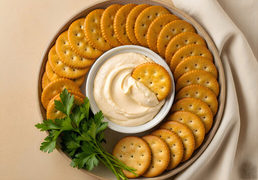 Creamy dip served with golden round crackers on a rustic wooden board.