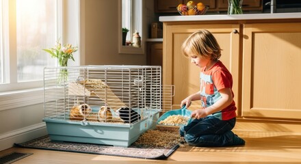 Obraz premium Young child feeding guinea pigs in a cage