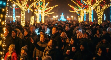 Obraz premium People watch festive Christmas lights in a crowded outdoor event at night.