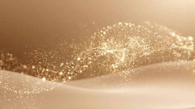 Golden particles flowing across a sandy dune landscape viewed from above with sparkling textures and warm lighting effects.