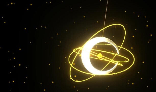 3D Abstract Animation of a Glowing Crescent Moon with Rotating Golden Orbits in a Starry Dark Space Background