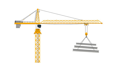 A yellow crane lifts a concrete slab in an industrial setting.
