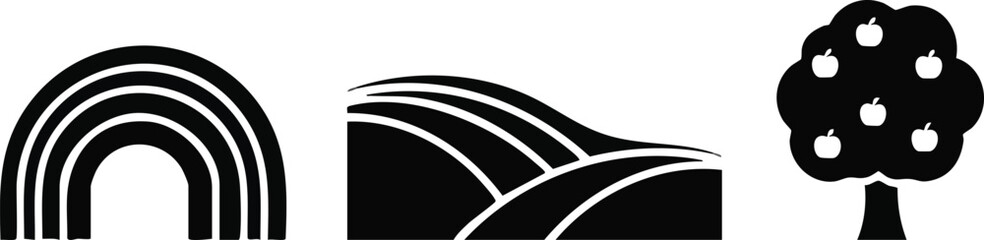 Fototapeta premium Rural Landscape Silhouette Set: Four-Band Rainbow, Rolling Hills with Bushes, and Apple Tree Icons