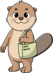 Set of cute beaver cartoon characters promoting zero waste lifestyle with reusable tote bags and water bottles. © yoursuly