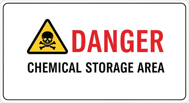 A warning sign with a skull and crossbones indicates danger in a chemical storage area indoors.