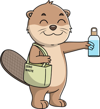 Set of cute beaver cartoon characters promoting zero waste lifestyle with reusable tote bags and water bottles.