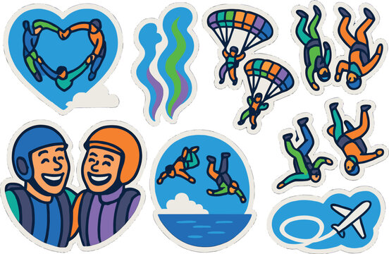Vibrant skydiving stickers featuring parachutists in bold cartoon style
