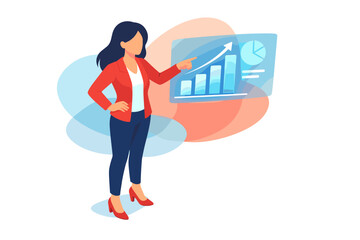 Businesswoman presenting financial growth chart on screen.