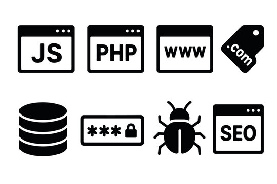 Minimalist web and seo icon set featuring technology symbols in black silhouette style