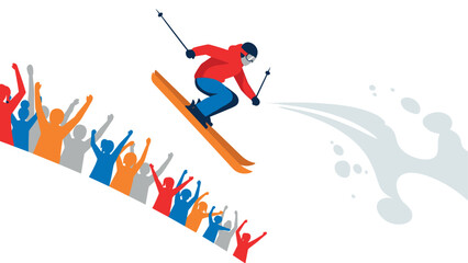 Naklejka premium Dynamic ski jumping event with energetic crowd and splash effect in modern flat design