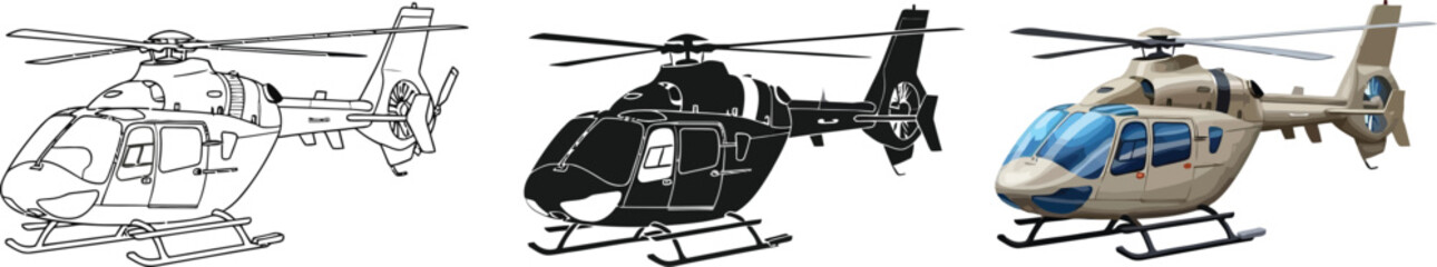 Fototapeta premium Three detailed helicopter illustrations including outline silhouette and realistic colored versions ideal for aviation transport or emergency service designs isolated on white