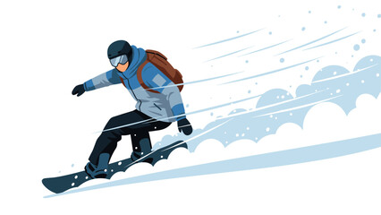 Snowboarder carving through fresh powder in dynamic flat design