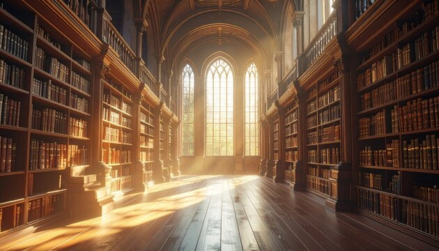 Sunlight streams through tall windows in a historic library with old books on shelves