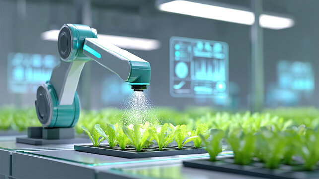 Modern greenhouse soilless cultivation robotic arm sprinkler irrigation technology agricultural scene