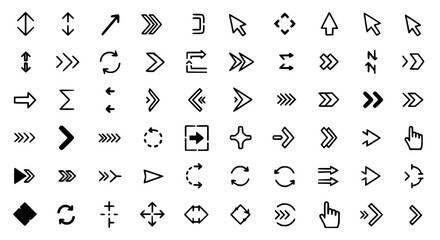 Naklejka premium Arrows set with various black line styles and cursor icons featuring arrowheads, directional indicators, navigation