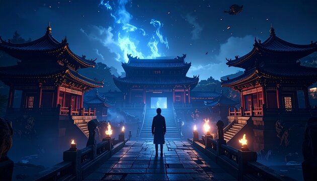 Mysterious temple complex with flying structures and self-assembling architecture at dusk, an ethereal scene