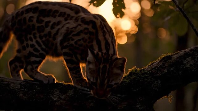 Clouded Leopard Stealthily Navigates Forest Canopy at Sunset.