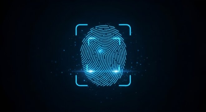 A futuristic fingerprint scan with glowing blue lines on a dark background