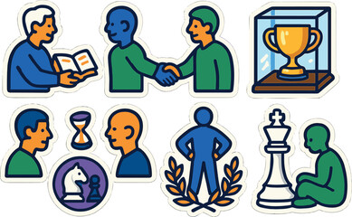 Chess strategy icons: game play, awards, and competition dynamics