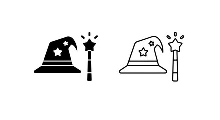 Wizard hat and magic wand icon for fantasy, enchantment, and magical themes © MdDelowar