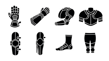 Medieval armor silhouette set: detailed glove, arm, shoulder, knee, leg guards