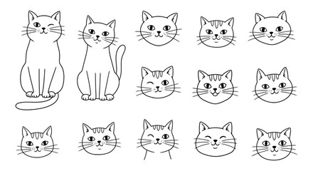 Collection of Cute Hand-Drawn Cat Illustrations and Faces.