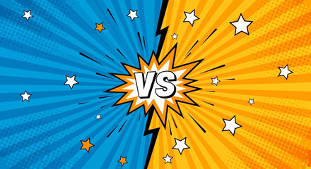 Vibrant Comic Style Illustration of Versus Symbol with Stars and Rays in Bright Blue and Orange Hues from a Direct Viewpoint © Simon