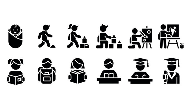 Growth stages: child development icons from infancy to graduation